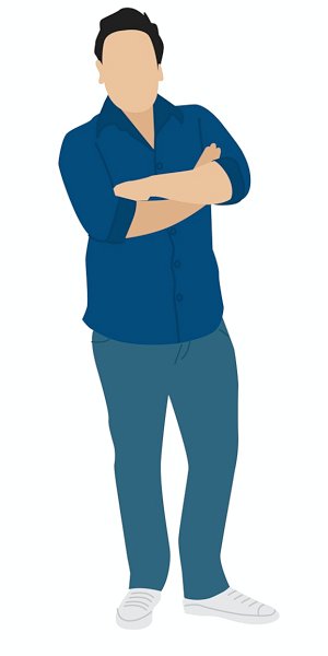 Zeichnung: Mann mit verschränkten Armen, hellblaue Hose, blaues langarmiges Hemd